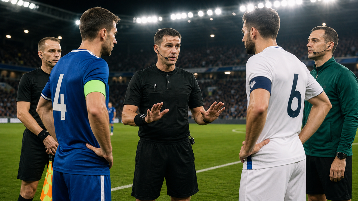 Referee explaining a decision to two football captains
