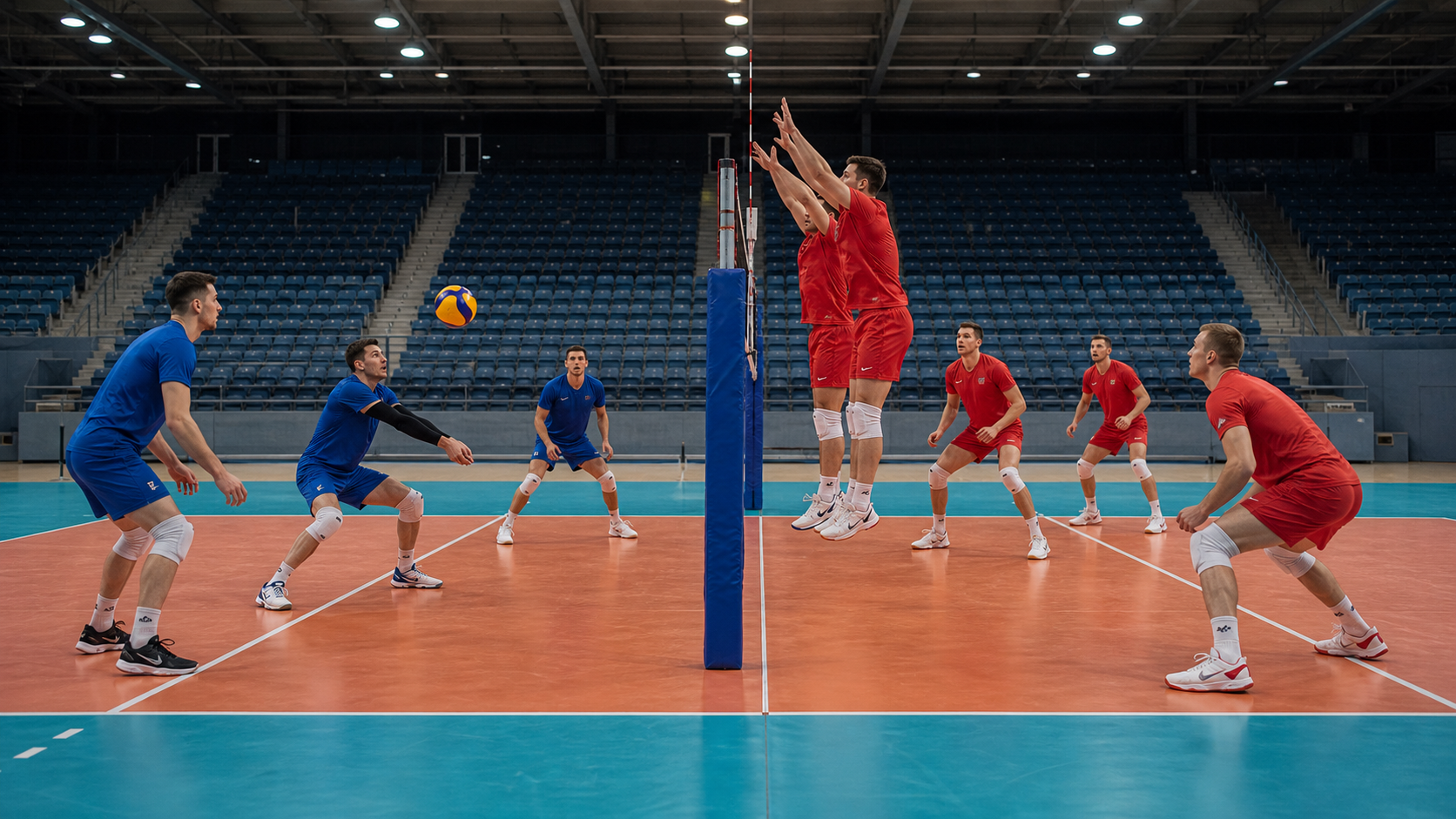 Serbian men's volleyball players working through a net drill in practice