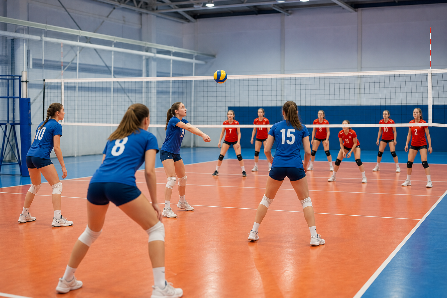 Serbian youth volleyball players working through passing drills in an indoor hall