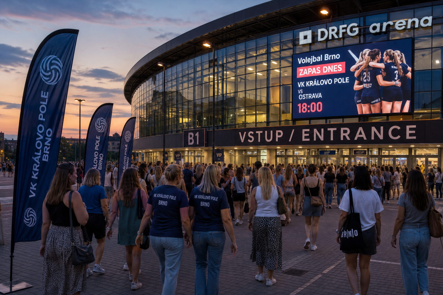 Fans gathering outside a modern indoor sports arena in Brno before a volleyball event