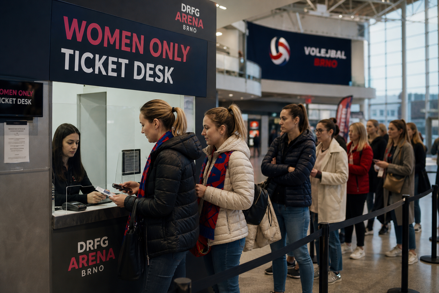 Fans entering a volleyball arena with ticket desks near the entrance
