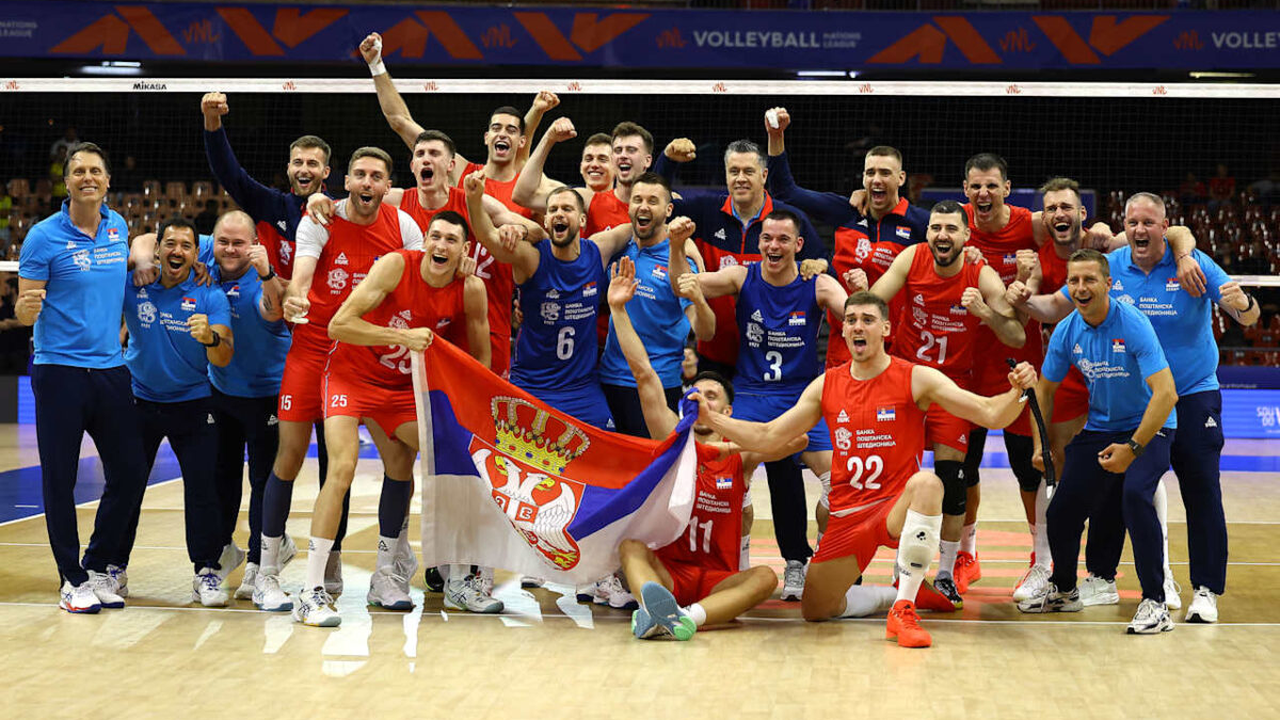 Serbia men's volleyball team celebrating a point during the 2026 Nations League