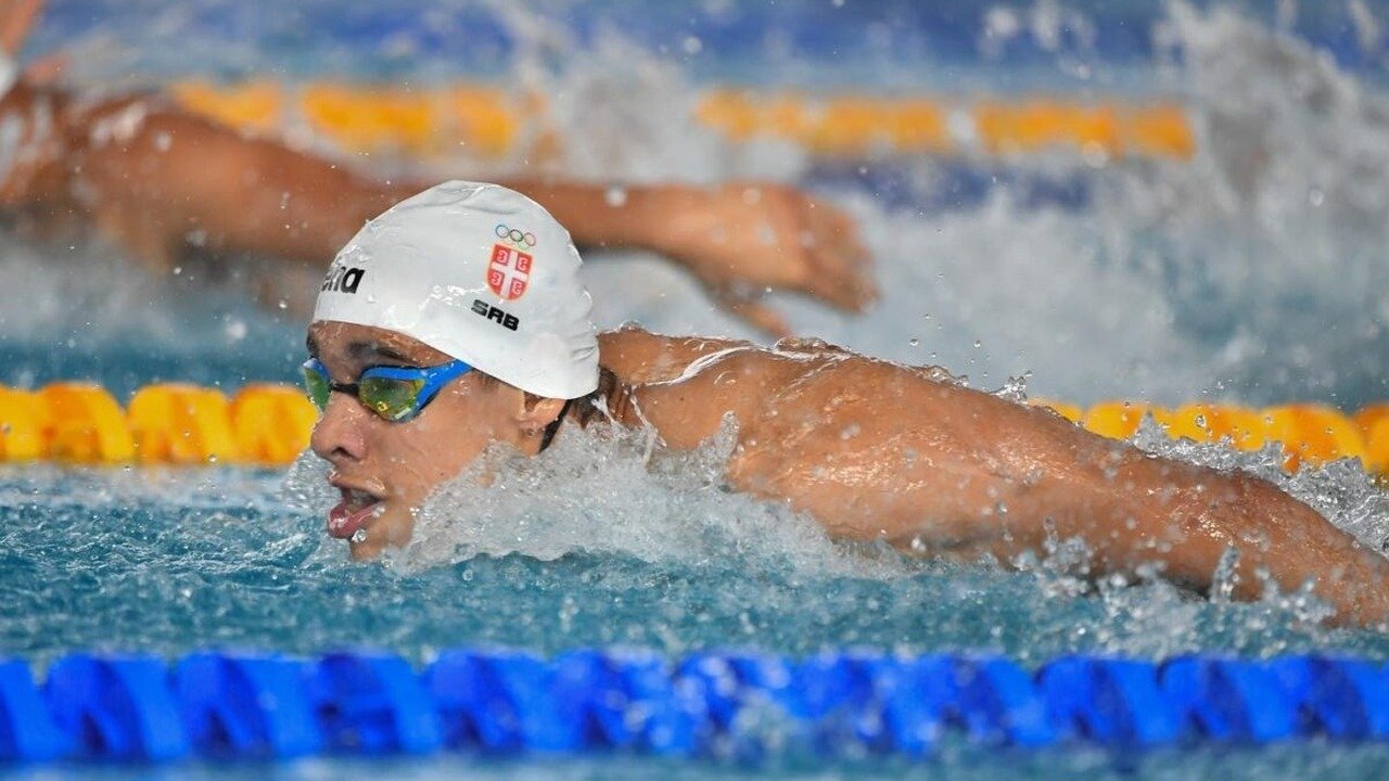 A Serbian swimmer wearing an SRB cap competes in butterfly