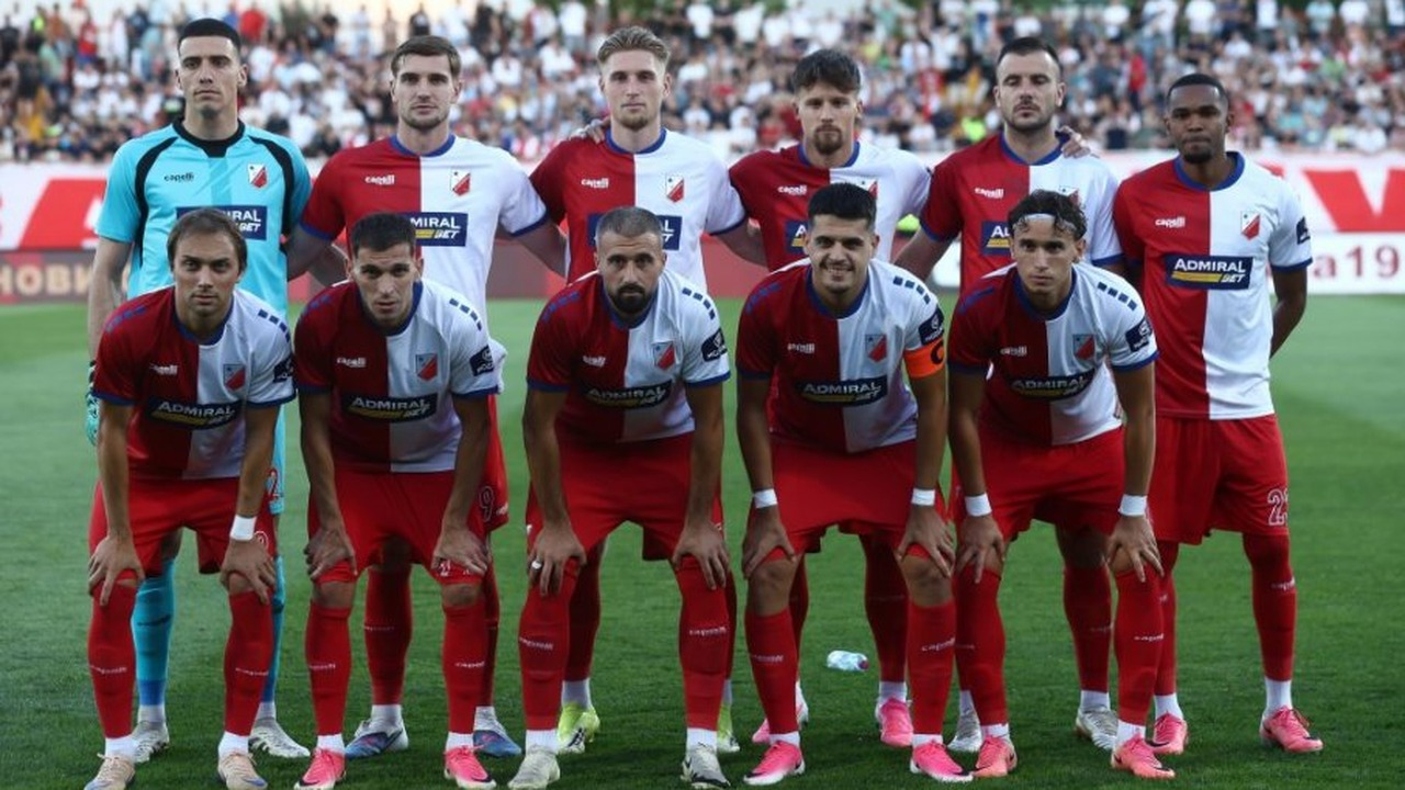 Vojvodina players pose together before a 2026 match