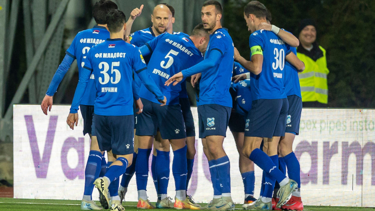 Mladost Lucani players celebrate together
