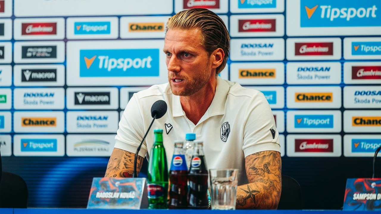 A Viktoria Plzen player speaks after the match against Red Star