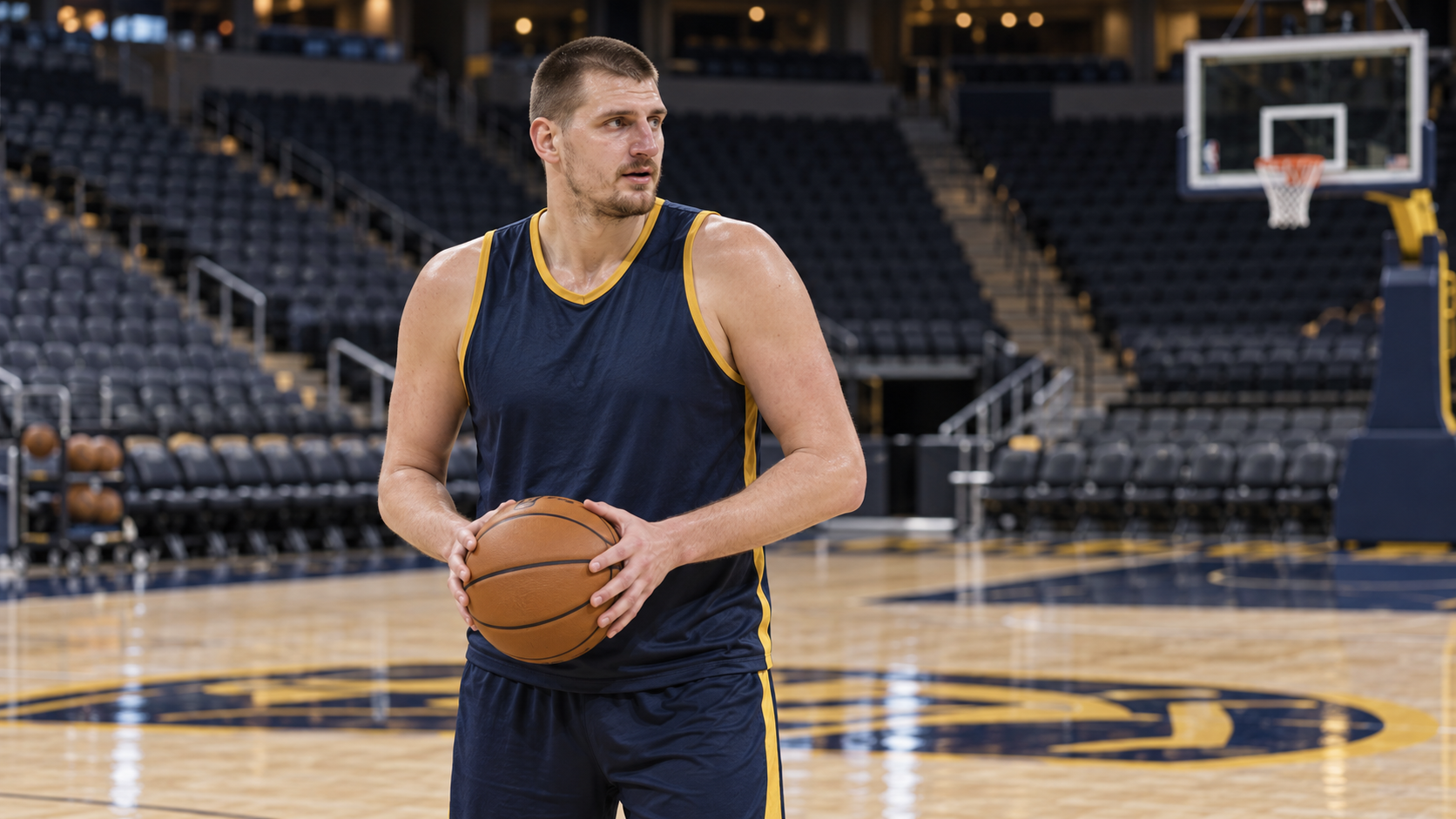 AI ilustracija: Nikola Jokić sa loptom na treningu Denvera