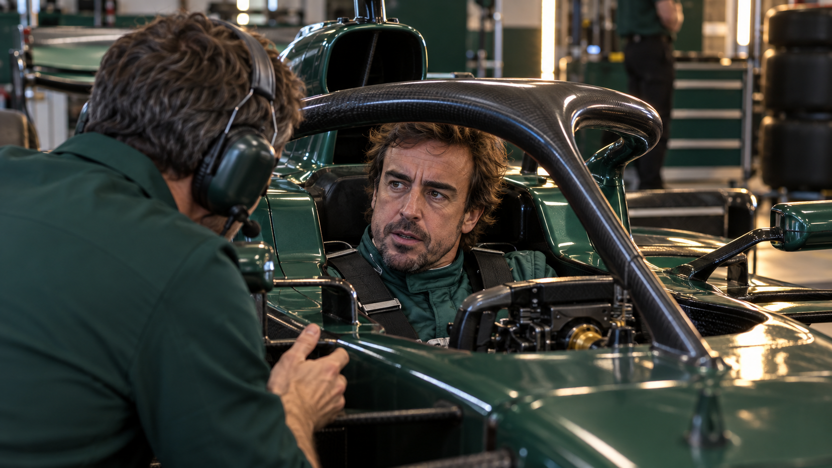 AI ilustracija: Fernando Alonso razgovara sa inženjerom u bolidu
