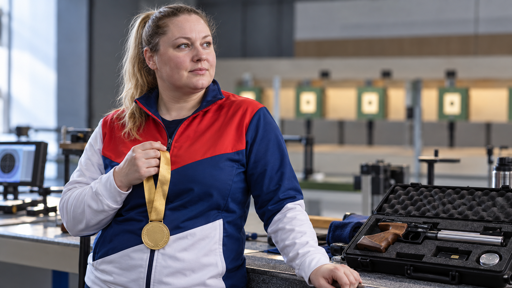 AI ilustracija: Zorana Arunović sa medaljom na streljačkom mestu