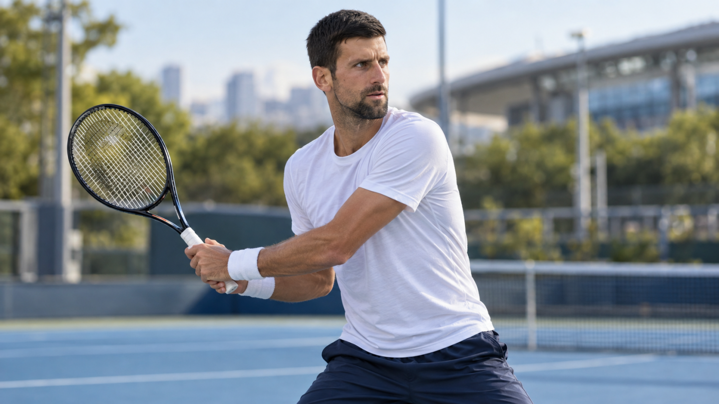 AI ilustracija: Novak Đoković sa reketom na teniskom terenu