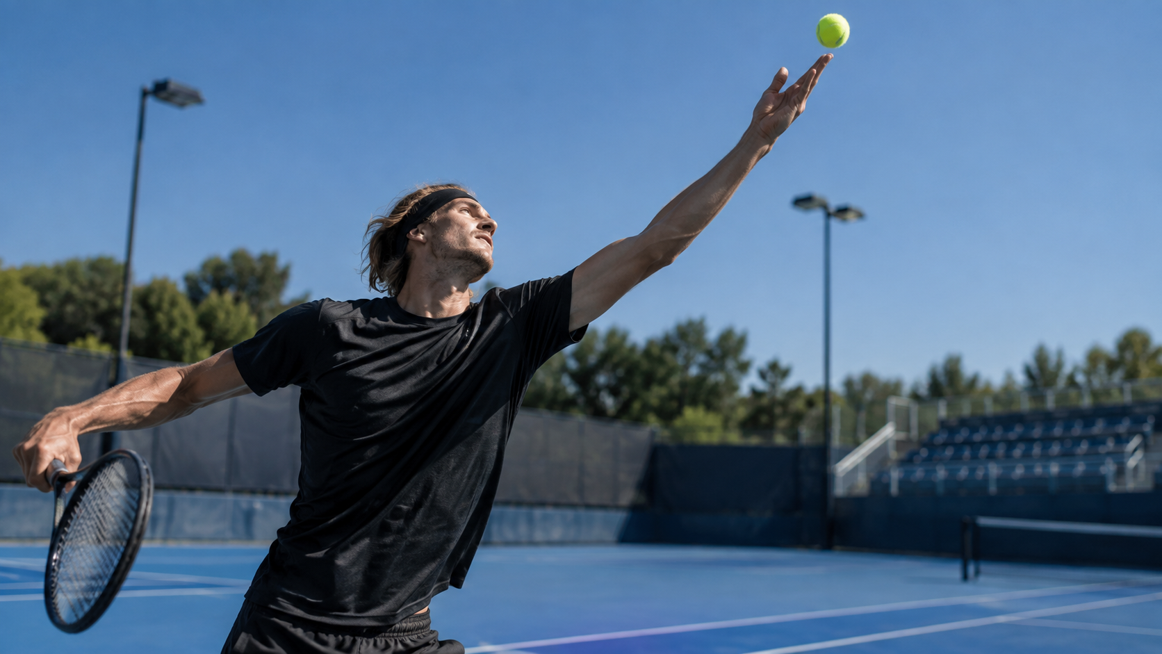AI ilustracija: Aleksander Zverev vežba servis na teniskom terenu
