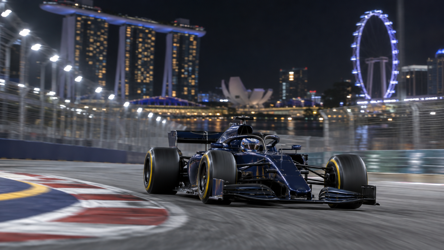 Ilustracija Formule 1: jednosed vozi pod svetlima noćne staze.