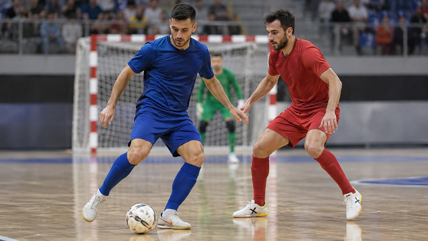 Ilustracija futsala: futsal igrači izvode napad na parketu.
