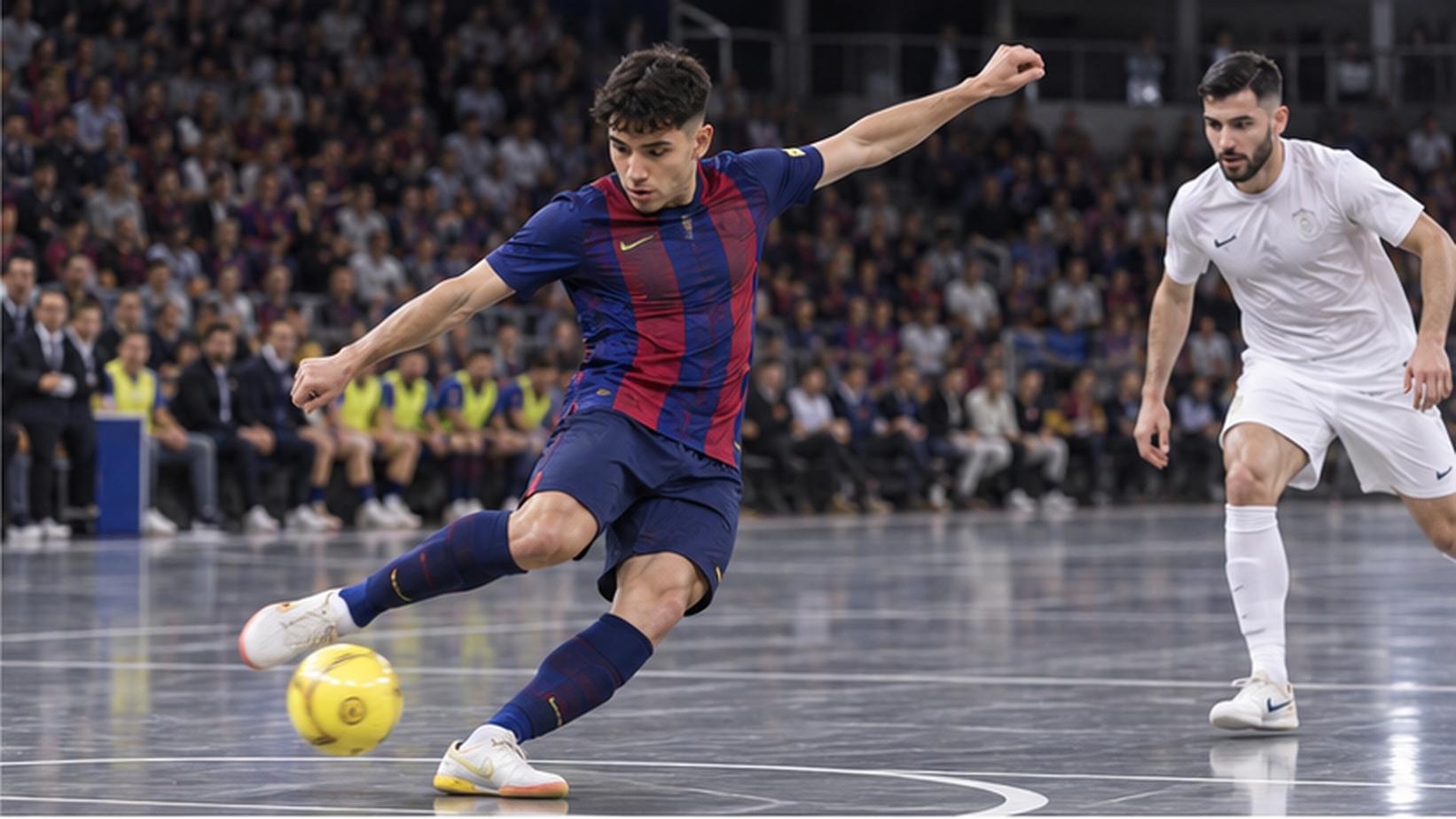 Ilustracija futsala: futsal igrač šutira u dvorani.