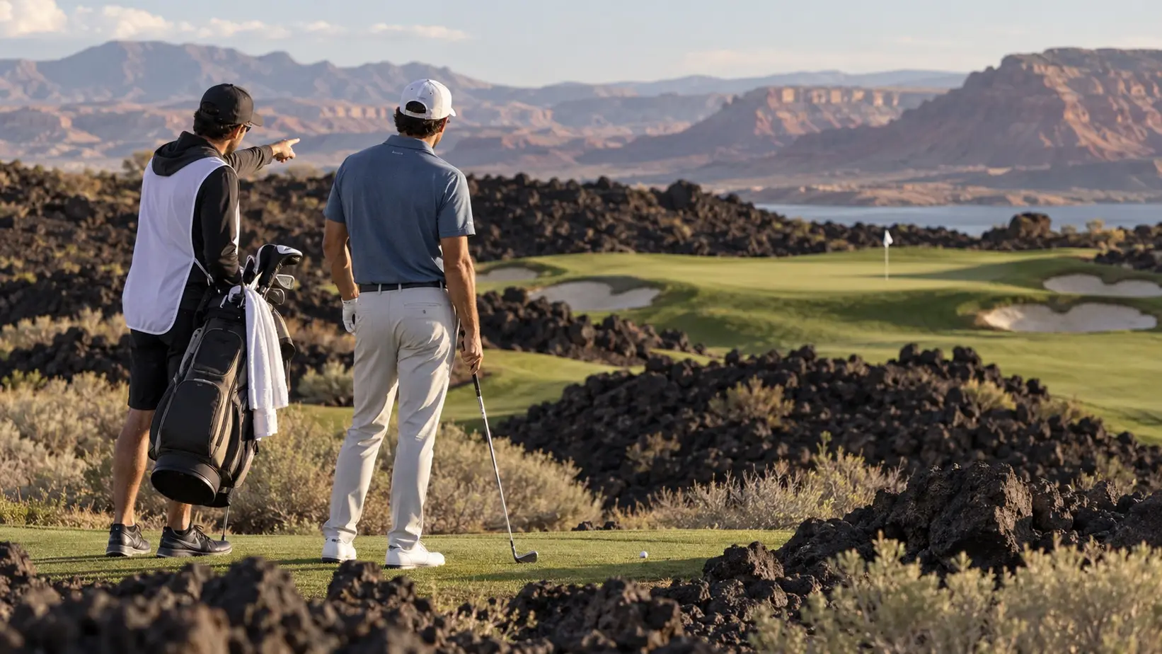 Golfer i kedi procenjuju vetar u pustinji Jute