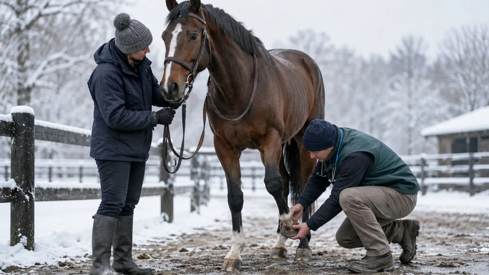 Veterinar pregleda trkačkog konja zimi
