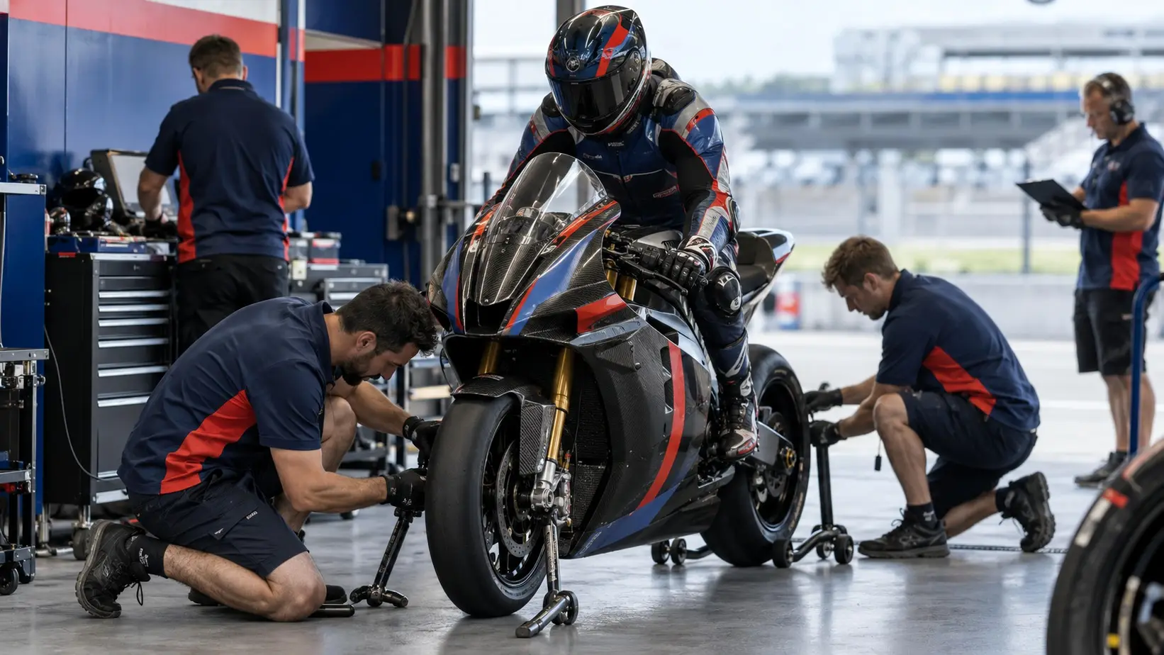 Motociklistički tim radi u garaži