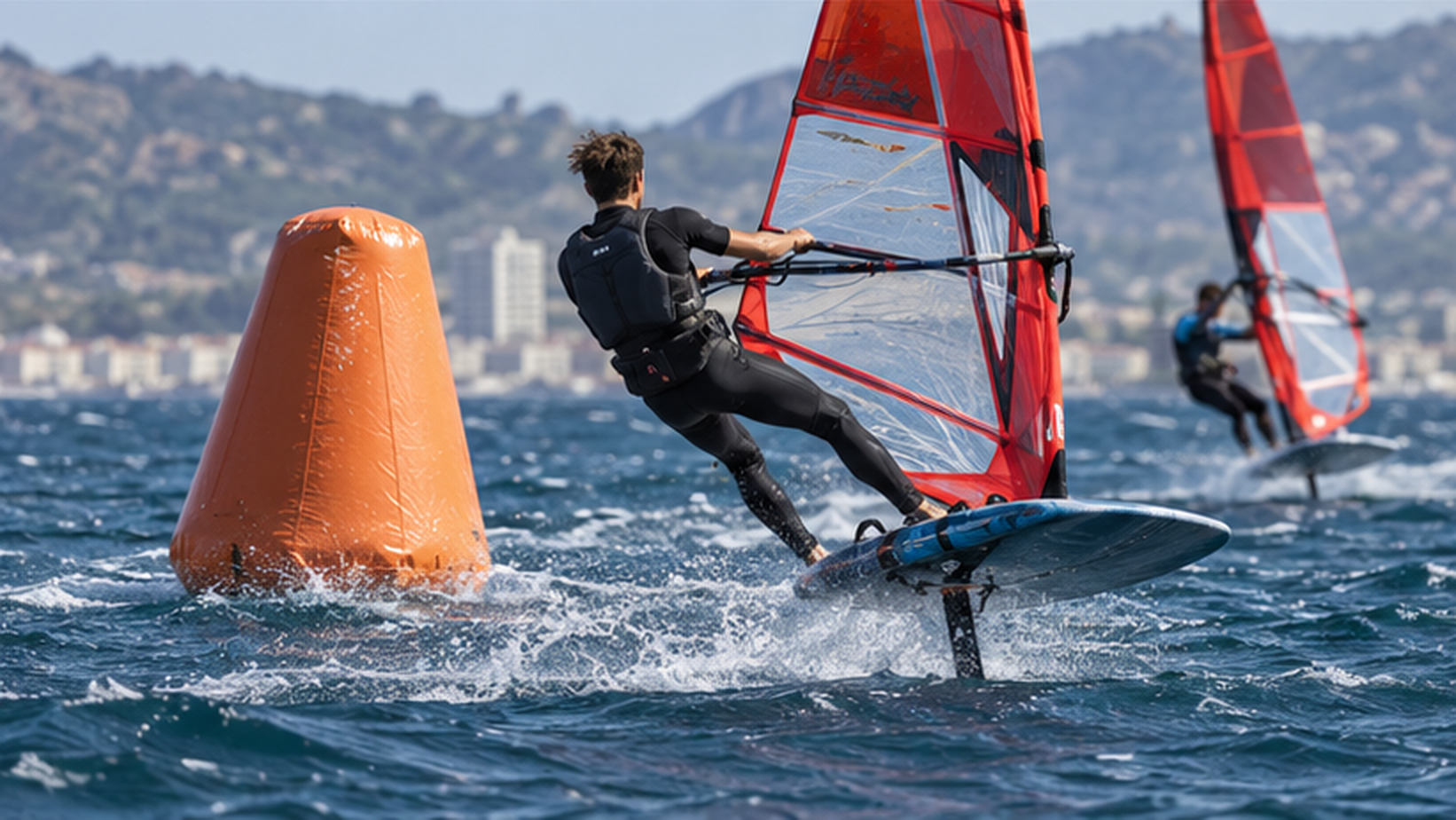 AI ilustracija: jedriličar obilazi bovu na iQFOiL trci