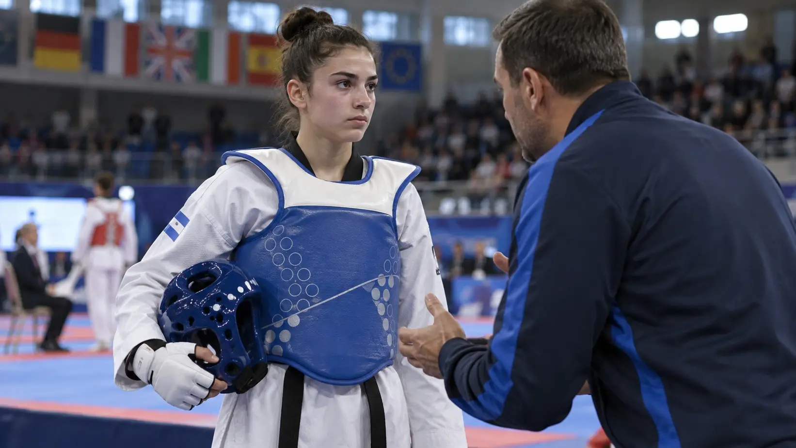 Mladi borac sluša trenera između rundi