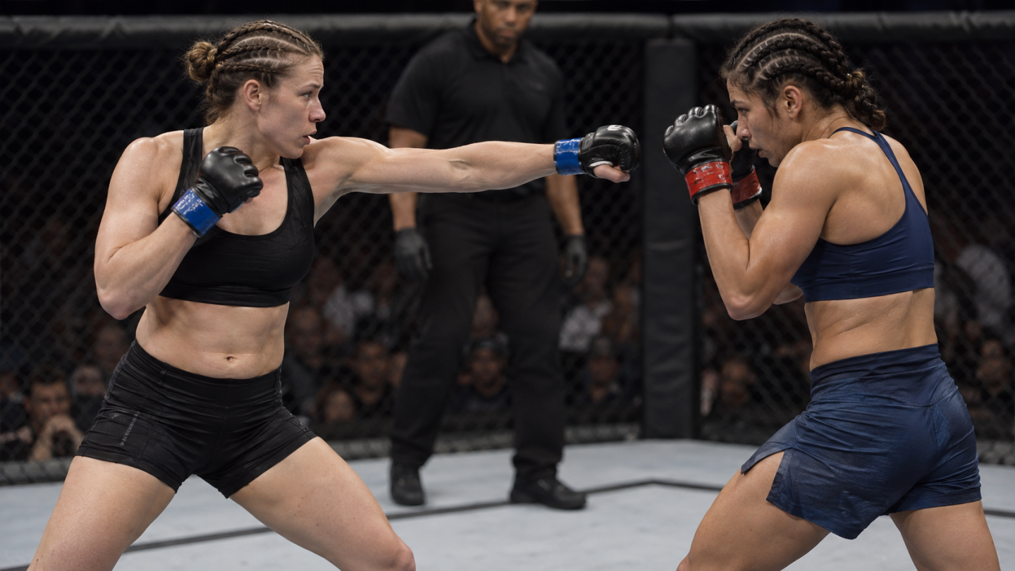 Ilustracija ženskih mešovitih borilačkih veština: dve MMA borkinje razmenjuju udarce u kavezu.