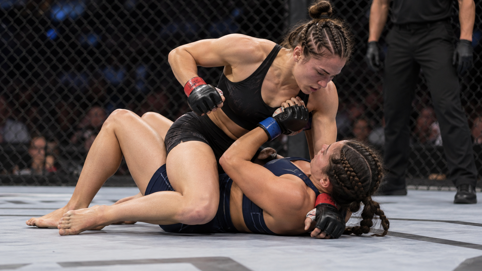Ilustracija ženskih mešovitih borilačkih veština: dve MMA borkinje se bore u parteru.